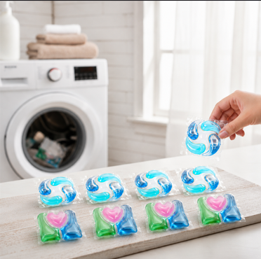 Close-up of a single Welvet Wash multi-chamber laundry detergent pod